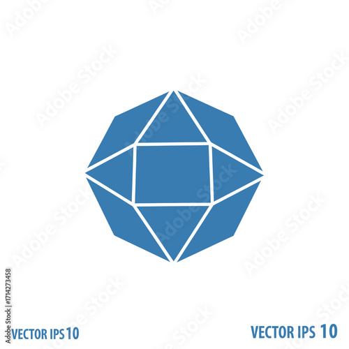 A stylized blue geometric diamond shape with sharp facets and a central square.