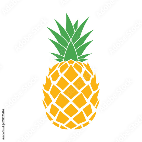 Stylized graphic illustration of a whole pineapple with a yellow body and green spiky leaves on a white background.