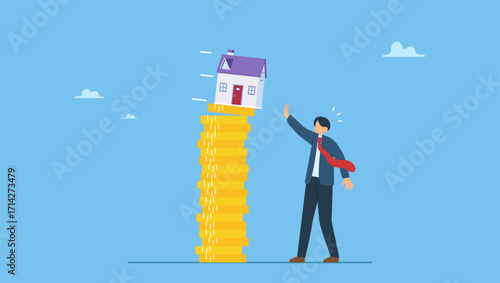Businessman house owner or real estate agent help protect the house to fall off unstable stack of coins. Property and housing market collapse, real estate stock risk or economic recession.
