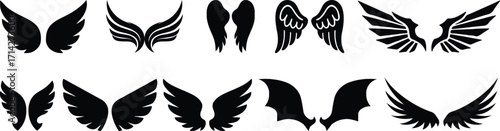 Wings icon, Black wing silhouettes, Angel and bird wings icons, Wings collection in different shapes.Vector angel wings set collection illustration drawing silhouette design graphic element isolated 