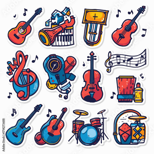 A set of music-themed stickers in vector format with solid colors and white background, showcasing instruments and musical elements