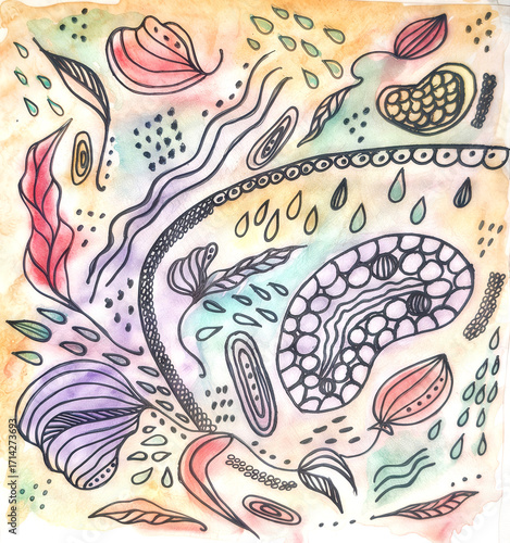 Modern floral abstract pattern. Abstract watercolor background with floral elements, hand-drawn