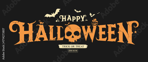 Happy Halloween text message, orange broken stone concept design banner background