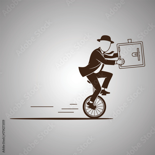 Man in suit and hat riding unicycle holding briefcase on grey background vector