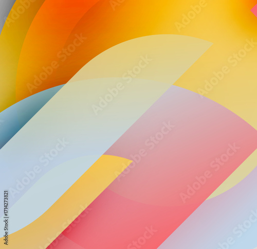 Abstract composition. Overlapping translucent shapes create soft gradients, warm tones dominate with cool accents. Minimalist design.