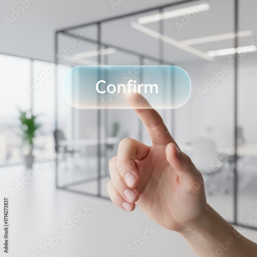 Person hand tapping a glowing 'Confirm' button icon that is floating in the air. The button has a gentle, animated glow and the text is clear. The background is a clean, blurred office.