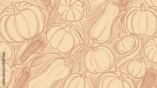 A beige background with pumpkins, squash, and corn in an outlined drawing style pattern design look