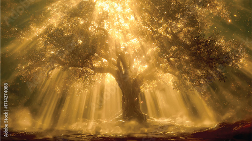 A tree of life with golden rays and light beams shining from it, creating an ethereal atmosphere.
