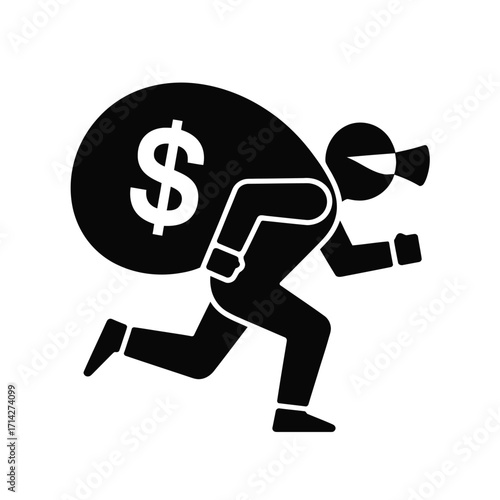 Black and white icon of a thief running with a large bag of money vector illustration silhouette vector illustration white background