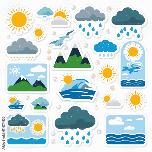 A collection of weather-themed stickers in flat vector style with solid colors and white background, depicting various weather conditions