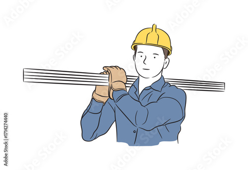 Vector. Carpenter building a house wearing a safety helmet