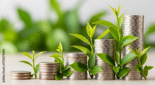 Green Investment Growth Coins Stacked with Plant Sprouts Symbolizing Financial Prosperity