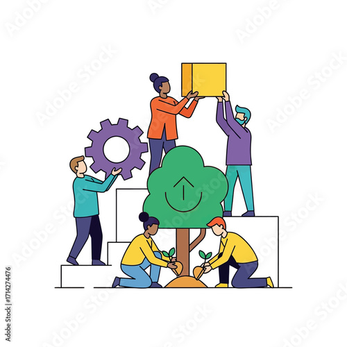 Teamwork and collaboration concept with people working together to build and grow.