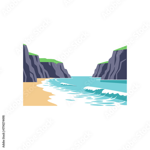 Illustration of a beach with cliffs and ocean waves.