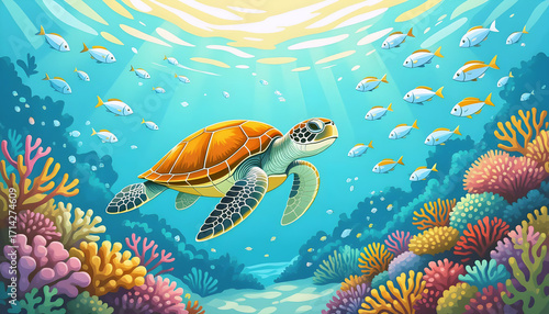 Wallpaper Mural Cartoon sea turtle swimming in coral reef ocean with copyspace, educational marine wildlife illustration for Torontodigital.ca