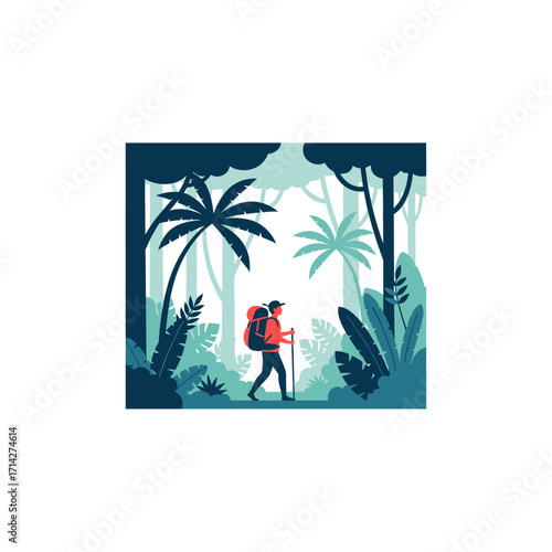 A vector illustration of a hiker with a red backpack and trekking poles exploring a lush, dense tropical jungle.