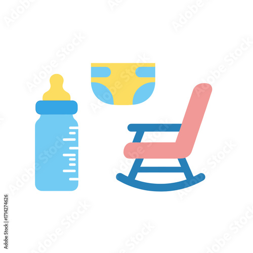 Illustration of a baby bottle, diaper, and a rocking chair, representing infancy and care.