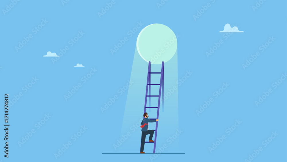 © Saklarboy - Businessman climb up ladder to light shining way out. Hopefulness motivation to solve problem, challenge to overcome difficulty or courage to escape for freedom, hope to overcome fear.
