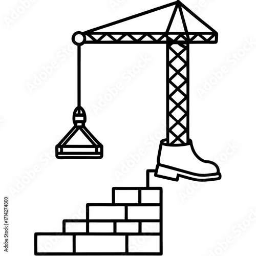 Construction crane standing in boot builds brick wall icon vector illustration outline graphic