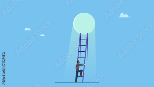 Businessman climb up ladder to light shining way out. Hopefulness motivation to solve problem, challenge to overcome difficulty or courage to escape for freedom, hope to overcome fear.