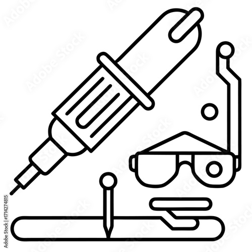 Safety equipment illustration featuring soldering iron eye protection ground connection for electronics engineering work and repair