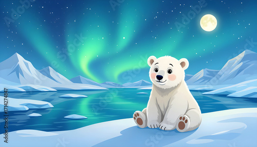 Wallpaper Mural Cartoon polar bear under northern lights with copyspace, educational arctic wildlife illustration for kids book Torontodigital.ca