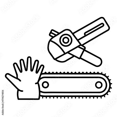 Chainsaw with protective glove and pruning shears outline illustration for forestry and gardening concepts