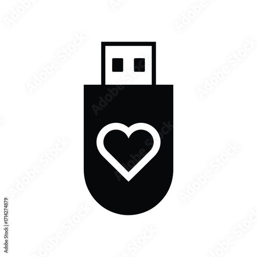Scalable vector icon of a usb flash drive with a heart symbol for digital storage and love silhouette vector illustration white background