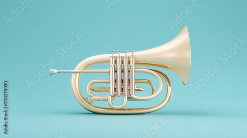 A brass instrument with a gold color and a blue background