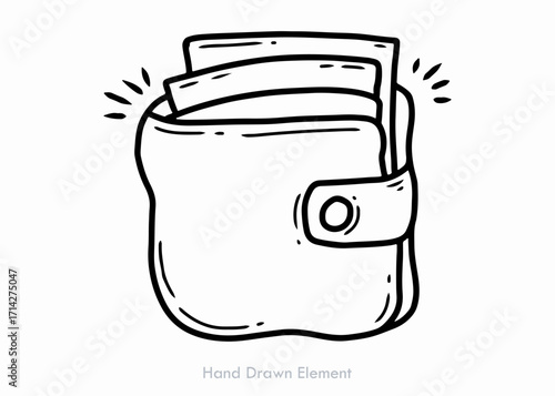 Simple black and white illustration of a wallet with money inside, radiating a glow.