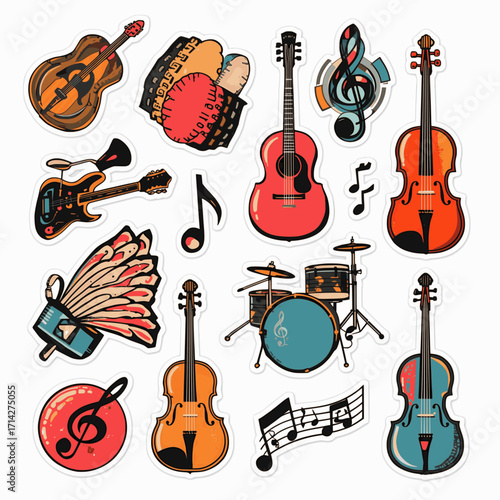 A set of music-themed stickers in vector format with solid colors and white background, showcasing instruments and musical elements