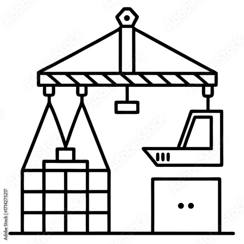 Container crane line art illustration for logistics transportation and industrial equipment concept with simple line drawing style