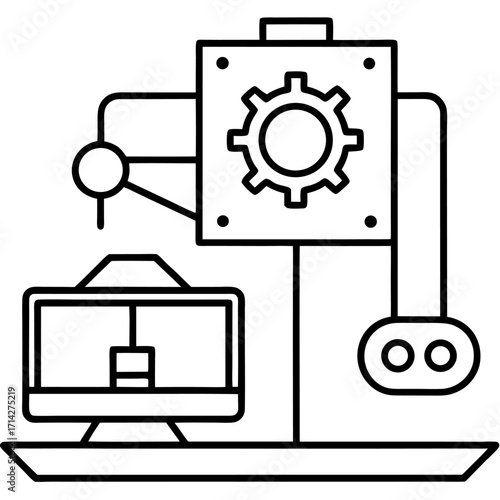 CNC machine icon vector linear illustration demonstrating computer numerical control and precision manufacturing technology and industrial automation with digital operation
