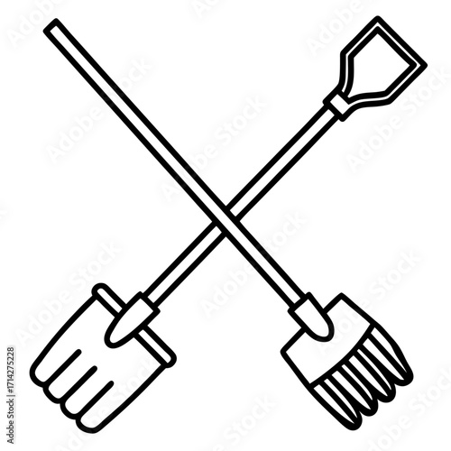 Crossed Gardening Tools Silhouette of Rake and Shovel Emblem of Farm and Garden Work