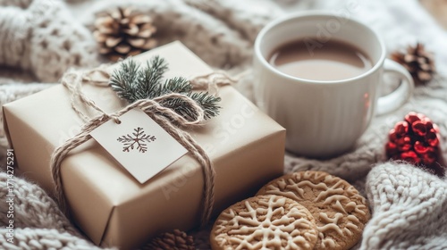A cozy winter scene featuring a gift box, snowflake cookies, and a cup of warm drink on a soft, knitted blanket.