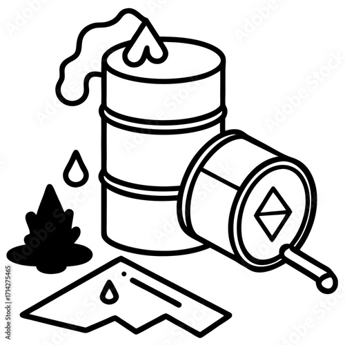 Oil Spill Disaster Outline Icon with Damaged Barrel and Contamination Illustration