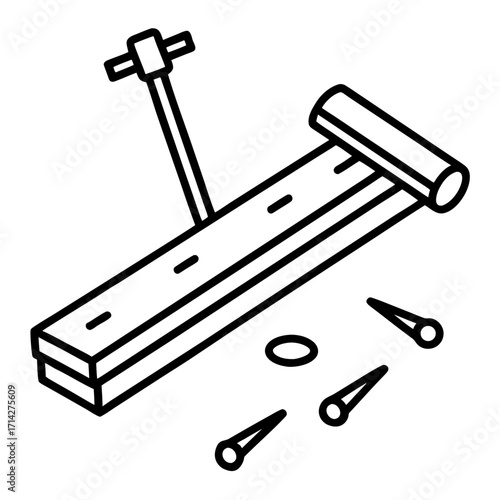 Isometric construction and carpentry scene featuring wood planks nails and a small mallet tool icon