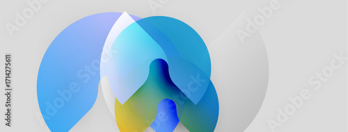 Abstract shapes overlap, creating fluid forms. Blue, yellow hues dominate, suggesting movement, depth. Soft gradients define composition.