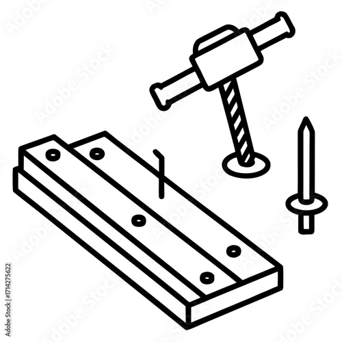 Black and white line art construction set with wooden planks toy hammer and nail vector illustration