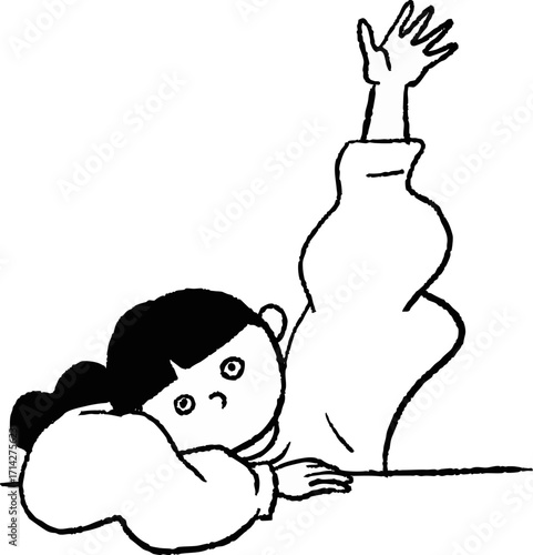 Woman waving her hand Raising her hands in surrender Line art Vector