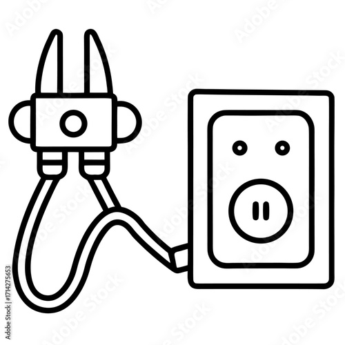 Stylized illustration of an outlet with a plug appearing as a pig face and tool connector