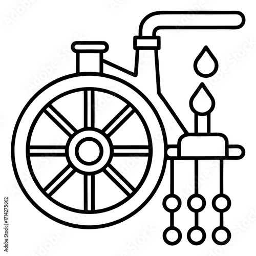 Stylized irrigation system concept with wheel and water droplets in minimalist vector design for environmental themes