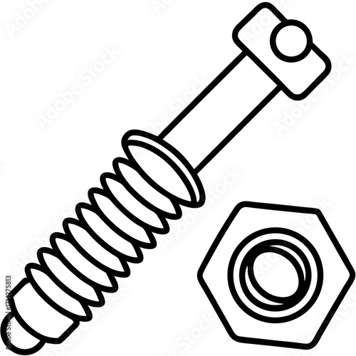 Black and white line drawing of a bolt and nut showcasing mechanical engineering elements and fastener design