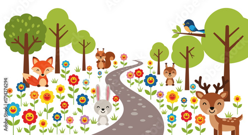 A whimsical cartoon illustration of a forest scene with cute animals like a fox deer and squirrel among colorful flowers and trees.
