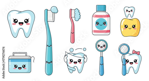 Cute Cartoon Dental Care Items Set.