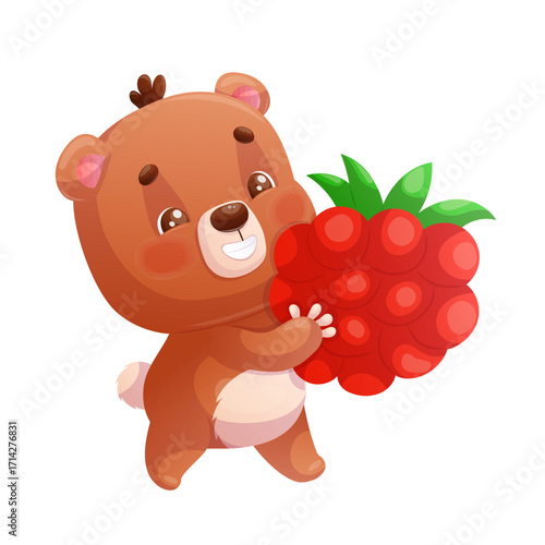 Funny happy cute bear is carrying a raspberry berry on a white background. Cartoon children's vector illustration for the design of postcards, cards, clothes, textiles, stickers.