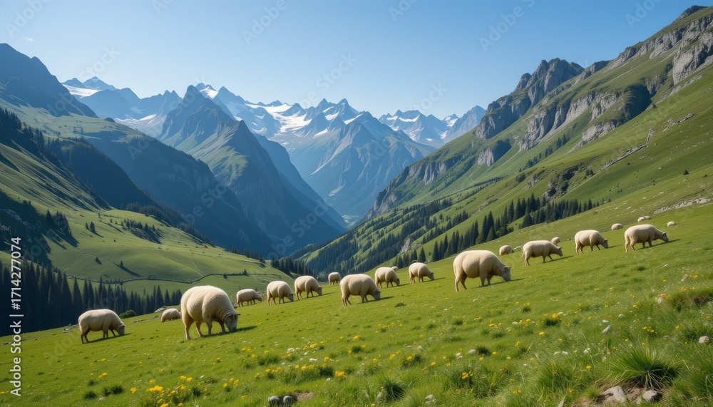 Fototapeta premium Grazing Sheep on Lush Green Mountain Meadow Under Clear Blue Sky and Surrounded by Peaceful Alpine Peaks