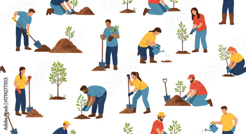 Diverse People Planting Young Trees for Environmental Conservation and Reforestation.