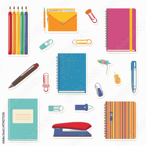 A set of cute stationery stickers in vector format with solid colors and white background, featuring pens, notebooks, and office supplies