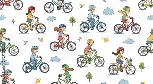 Cartoon Children Riding Bicycles with Colorful Helmets and Outfits.